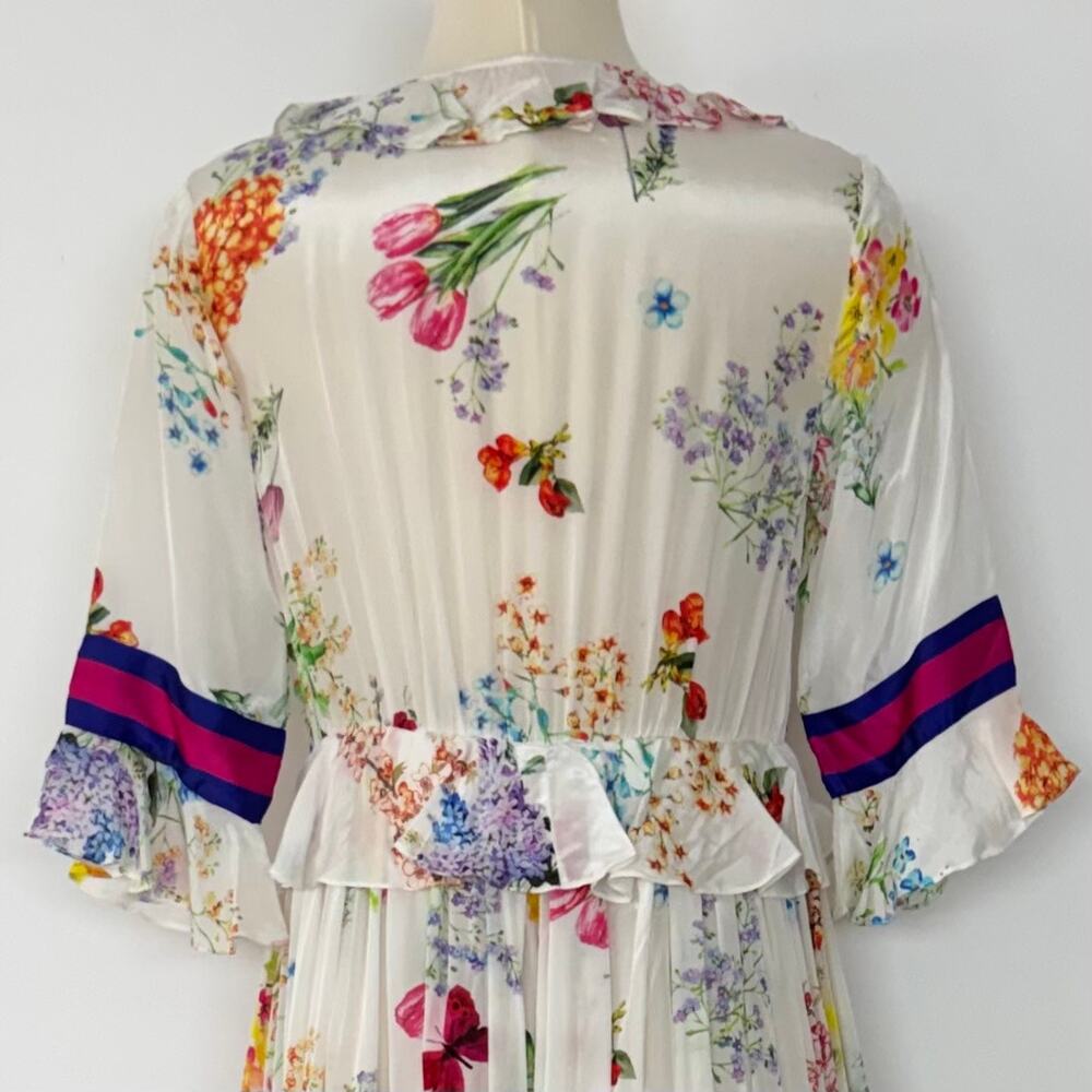 Rococo Sand Satin Kimono Coverup Tiered Ruffle Maxi Open-Front Duster Topper S - Picture 8 of 13